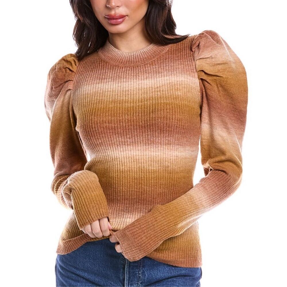 En Saison Brown Tan Ombre Stripes Puff Sleeve Wool Blend Sweater Medium